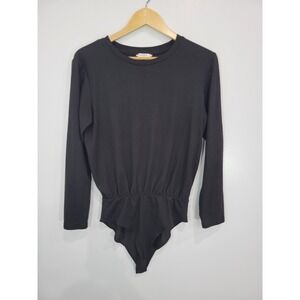 MangoPop Black Long Sleeve Bodysuit Cinched Waist Thong Bottom Women's Size M‎